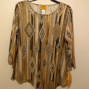 3/4 sleeve blouse beading pattern at neck. Stripes with diamonds. Washable